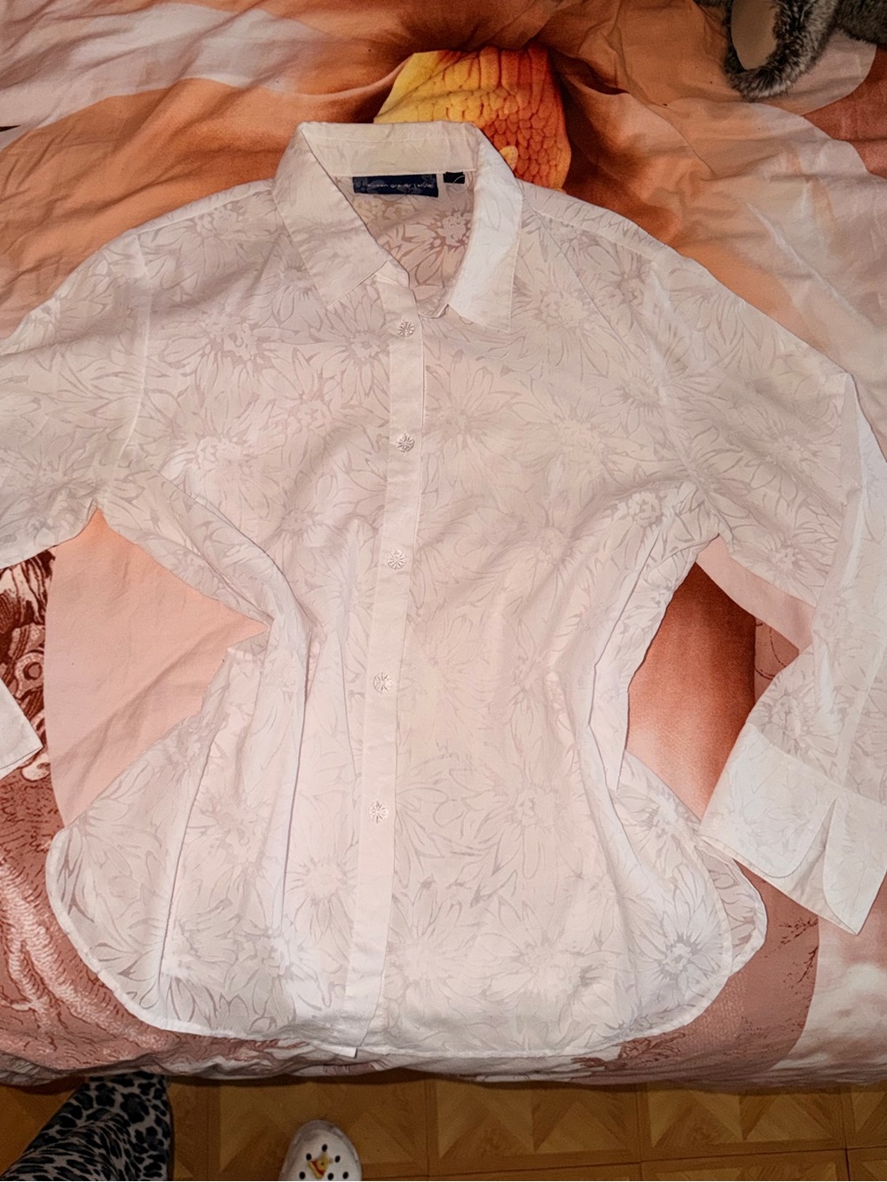 Susan Graver White Floral Jacquard Button-Down Shirt